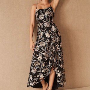 BHLDN Black Floral High-Low Dress with Cream Embroidery